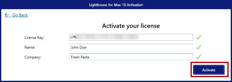 License activation – Lighthouse for MAX